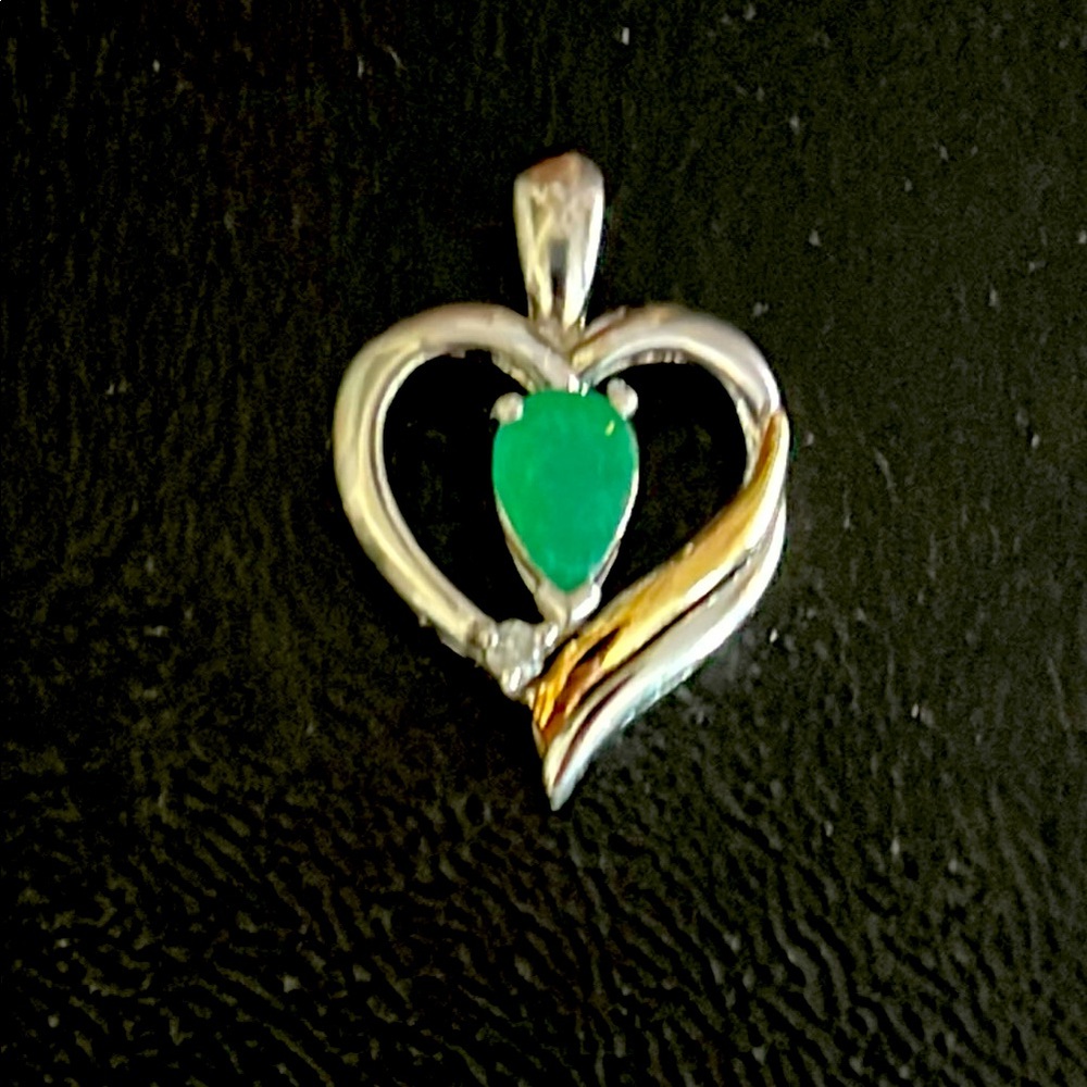 Elegant Silver and Gold Heart Pendant with Green emerald gemstone dainty